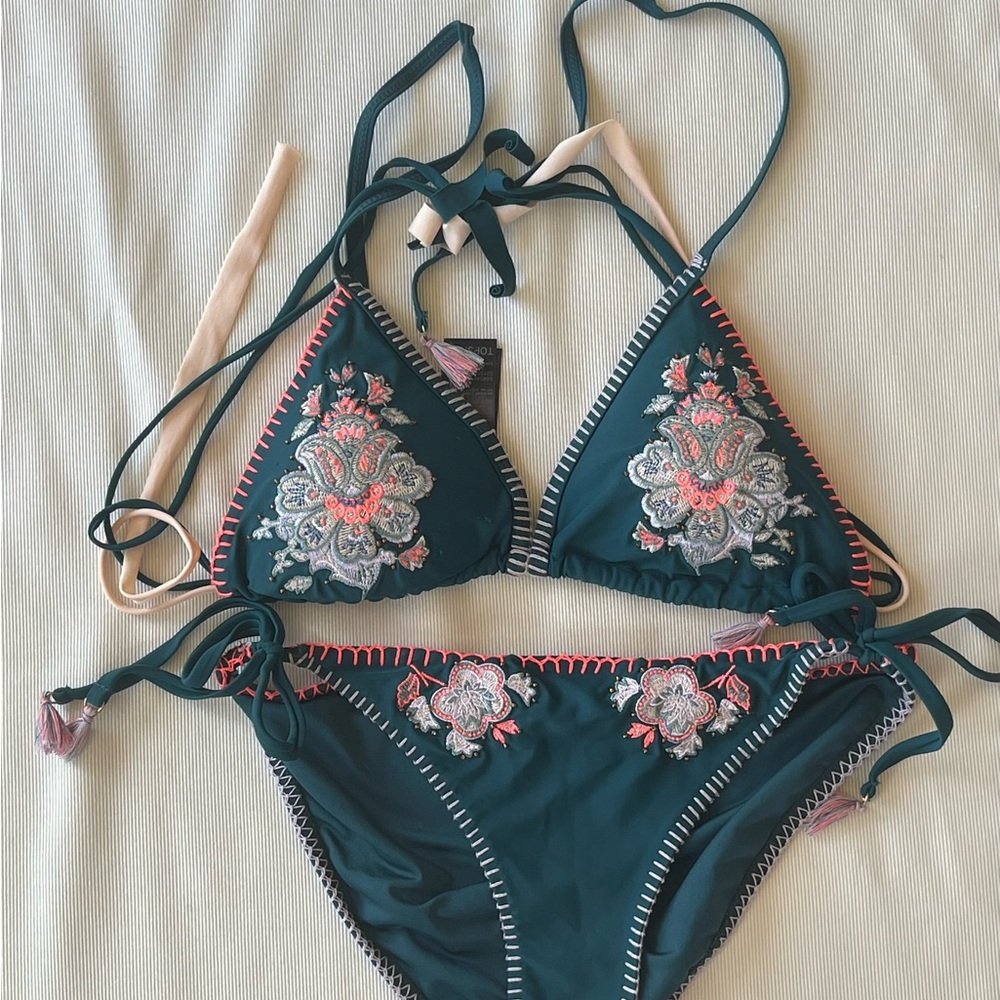 TOPSHOP SET TOP & BIKINI GREEN EMBROIDERED BEADED CROCHET TRIANGLE SET SZ 8